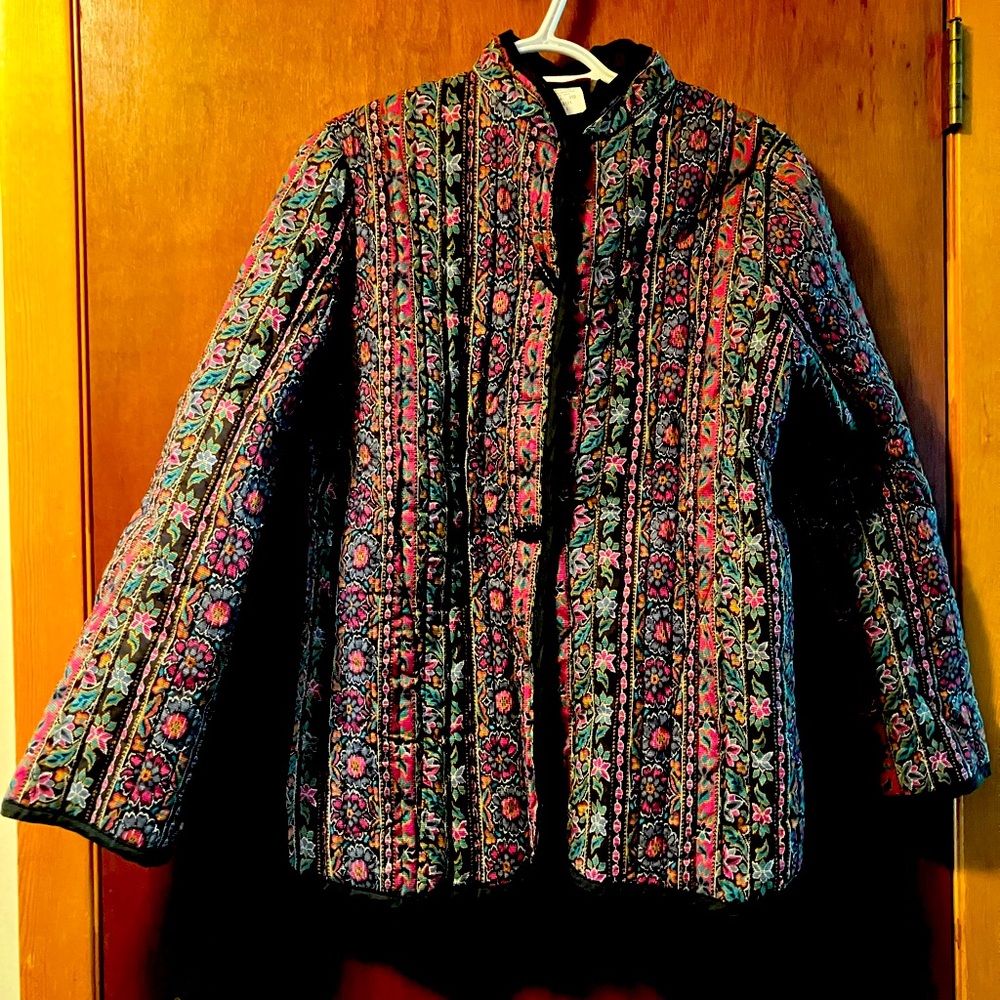 Vintage Floral Quilted Jacket - Black with Pink & Teal Accents